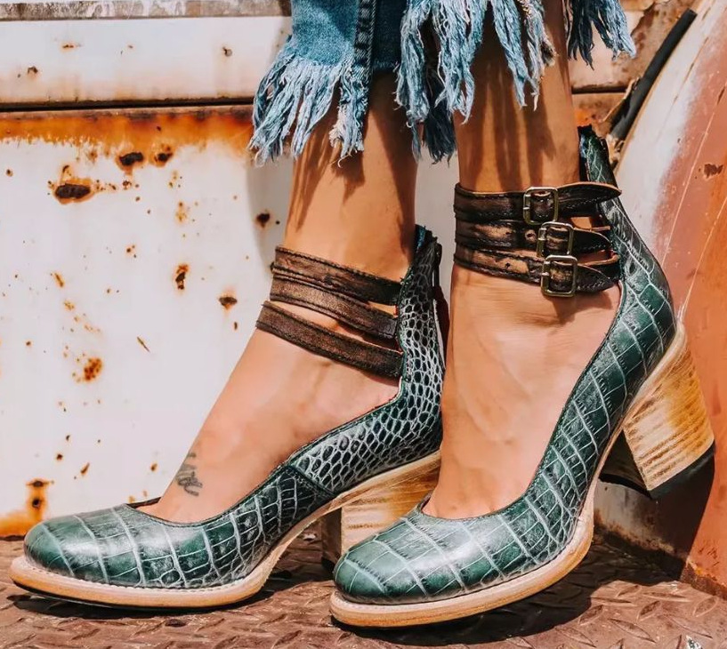 Women's Western Ankle Boots with Block Heel, Ankle Strap, and Three Buckles