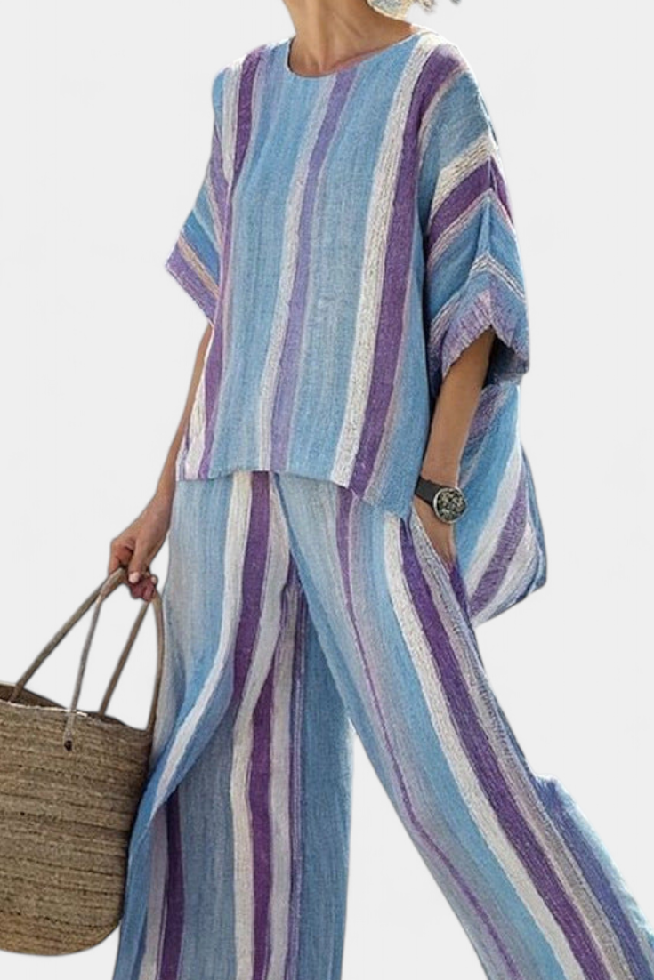 Faelith | Elegant Mauve Pastel Top & Striped Linen Pants