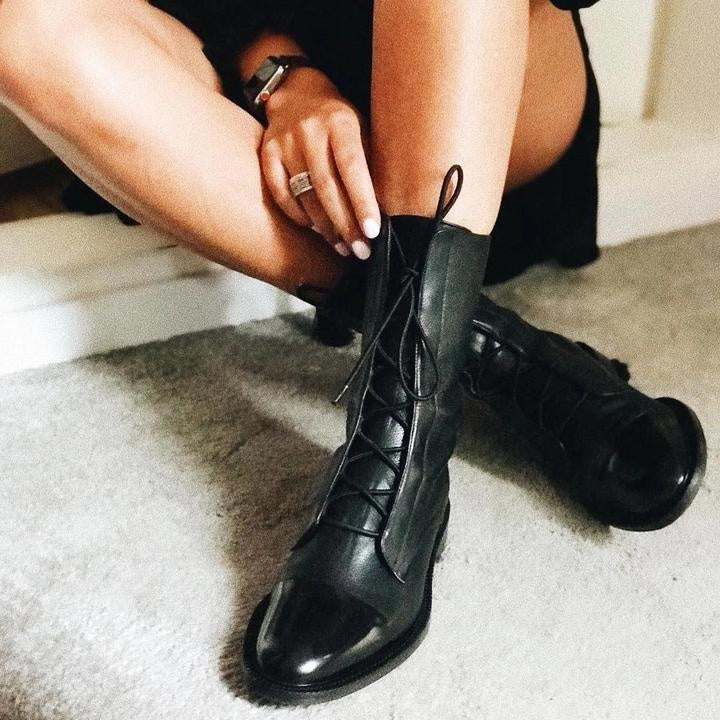Jimena | Women's Flat Leather Lace-Up Mid-Calf Boots