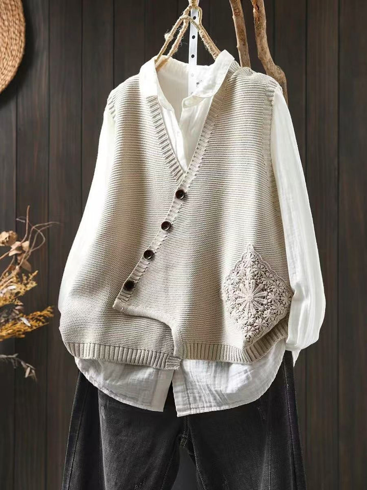 Jimena | Women's Knitted Vest with V-Neck, Buttons and Embroidery