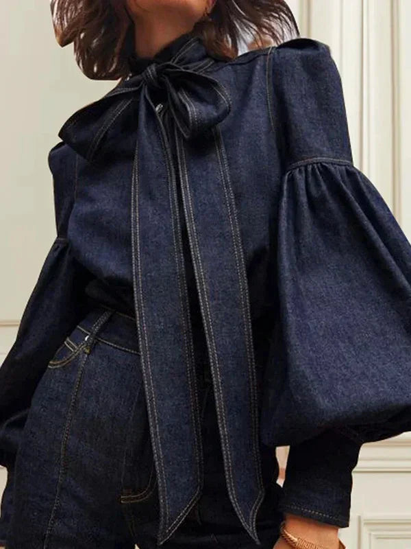 Puff Sleeve Denim Top for Women - Elara