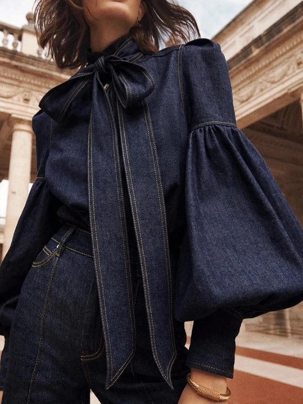 Puff Sleeve Denim Top for Women - Elara
