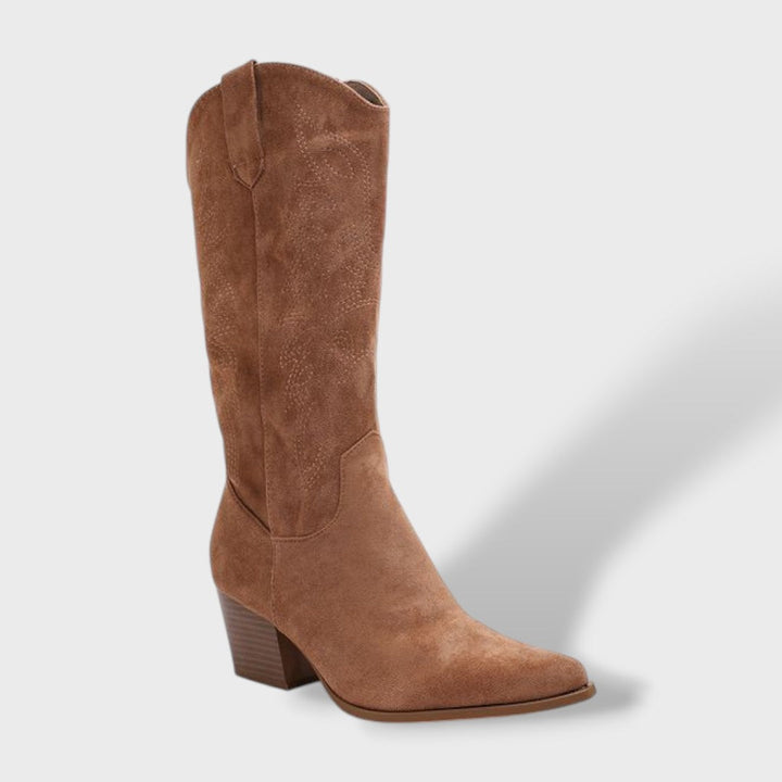 Women's Suede Cowboy Boots with Orthopedic Support | Wide Heel Western Tall Boots with Side Zipper and Non-Slip Sole