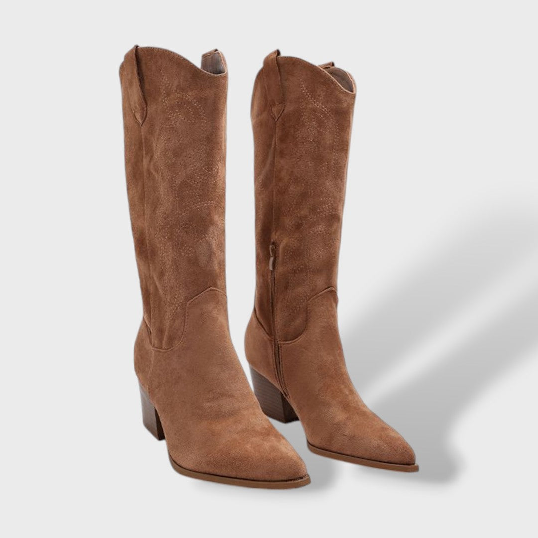 Women's Suede Cowboy Boots with Orthopedic Support | Wide Heel Western Tall Boots with Side Zipper and Non-Slip Sole