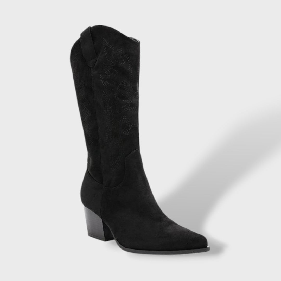 Women's Suede Cowboy Boots with Orthopedic Support | Wide Heel Western Tall Boots with Side Zipper and Non-Slip Sole