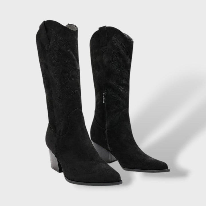 Women's Suede Cowboy Boots with Orthopedic Support | Wide Heel Western Tall Boots with Side Zipper and Non-Slip Sole