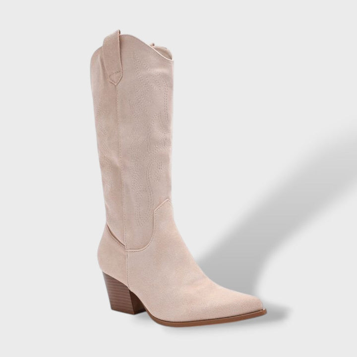Women's Suede Cowboy Boots with Orthopedic Support | Wide Heel Western Tall Boots with Side Zipper and Non-Slip Sole