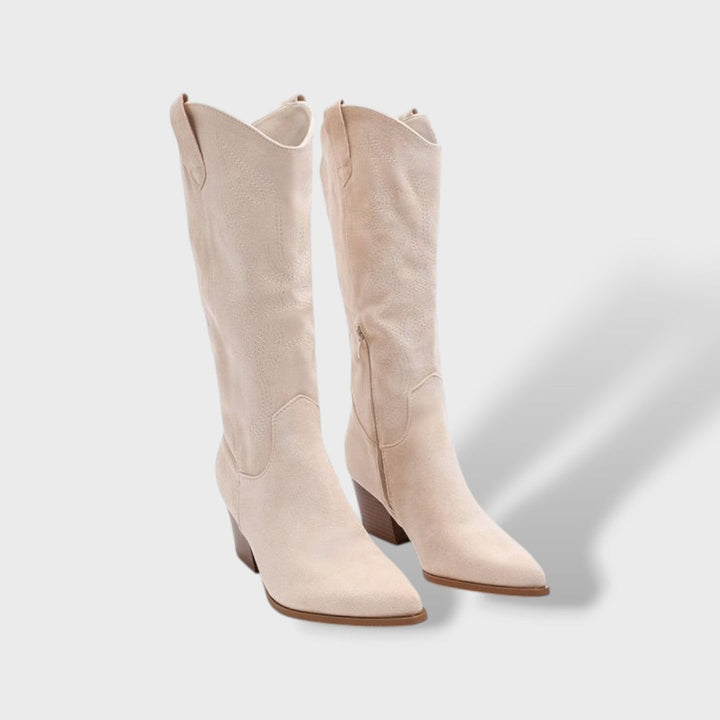 Women's Suede Cowboy Boots with Orthopedic Support | Wide Heel Western Tall Boots with Side Zipper and Non-Slip Sole