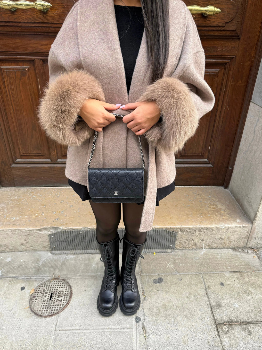Belted Coat for Women with Plush Sleeves
