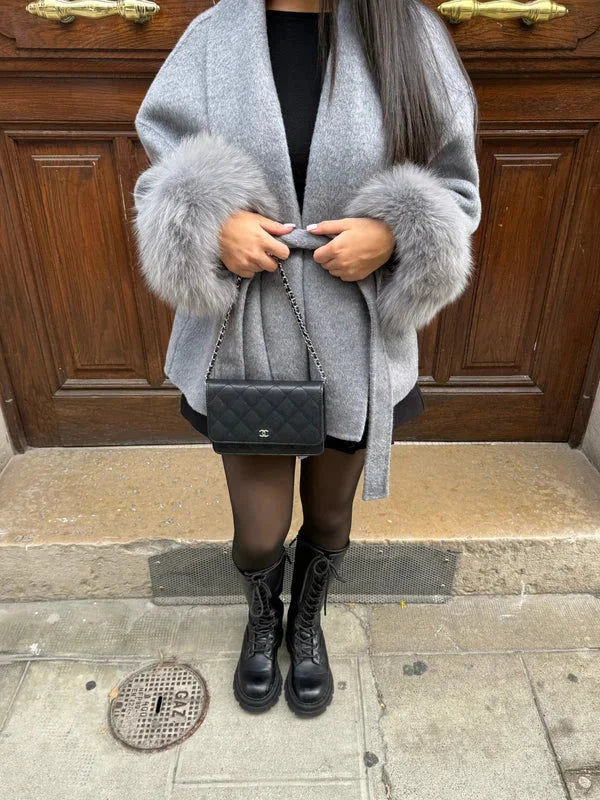 Belted Coat for Women with Plush Sleeves