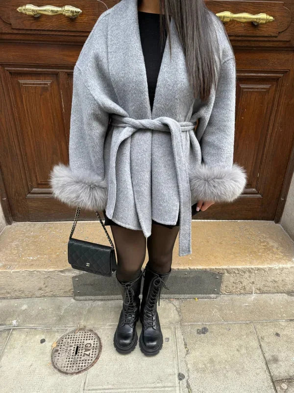Belted Coat for Women with Plush Sleeves