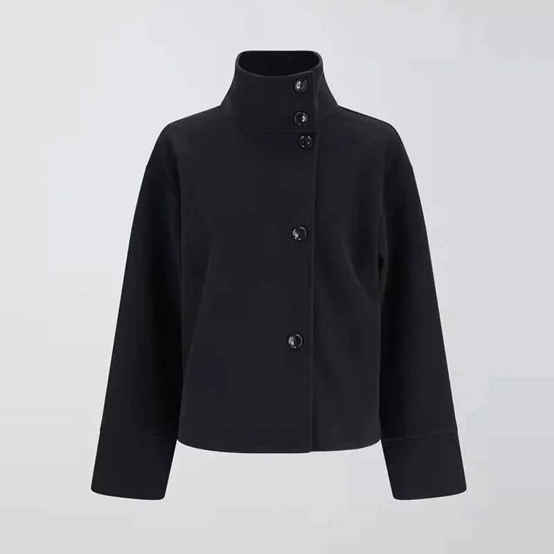 Short Women's Coat with Buttons and a High Collar
