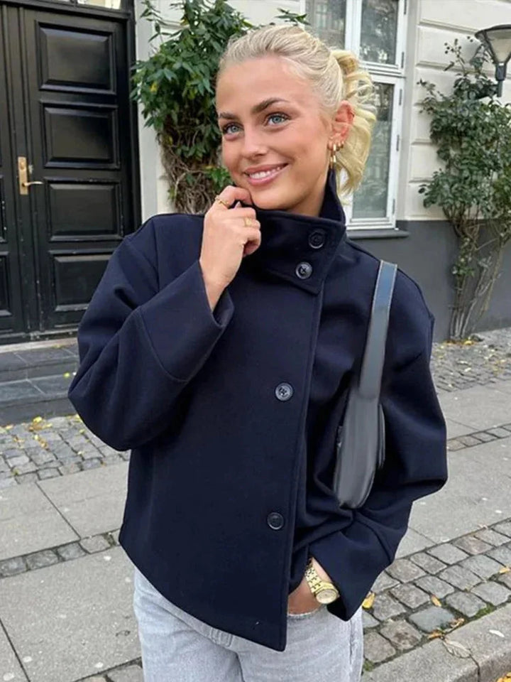 Short Women's Coat with Buttons and a High Collar