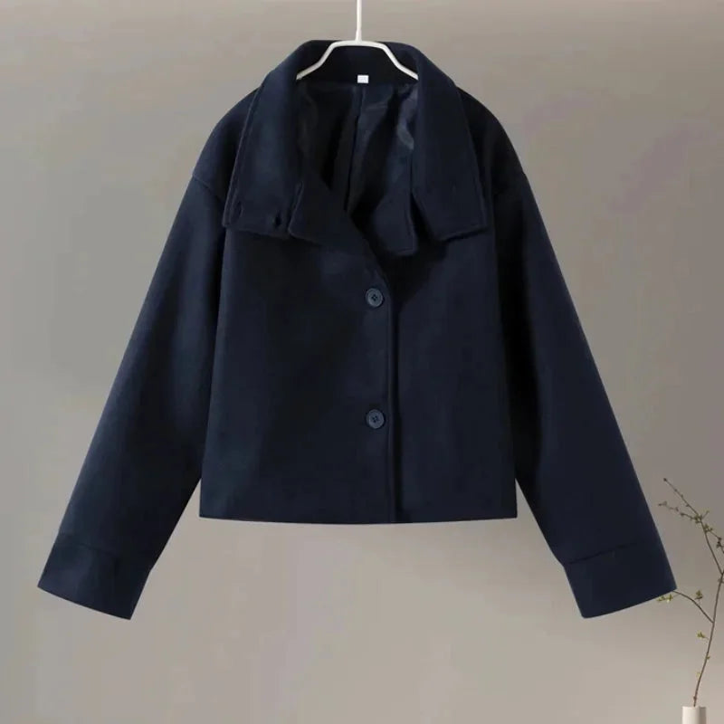 Short Women's Coat with Buttons and a High Collar