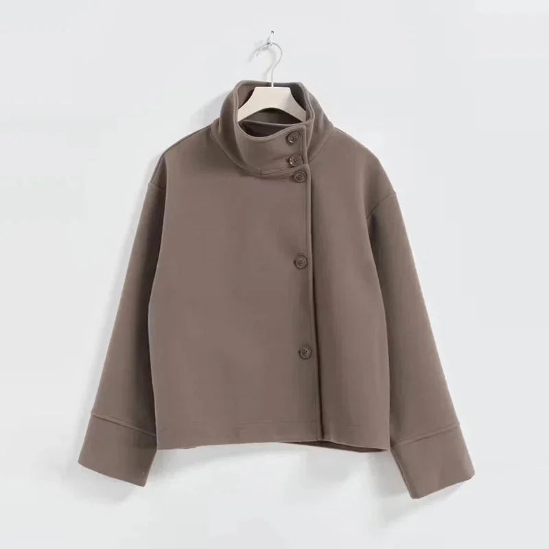 Short Women's Coat with Buttons and a High Collar