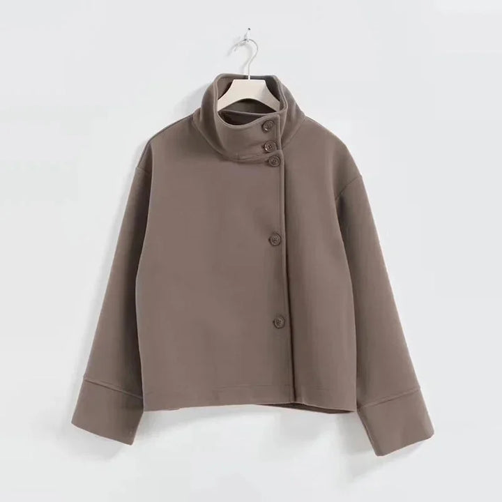 Short Women's Coat with Buttons and a High Collar