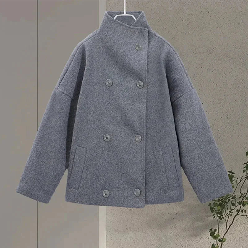 Short Women's Coat with Buttons and a High Collar