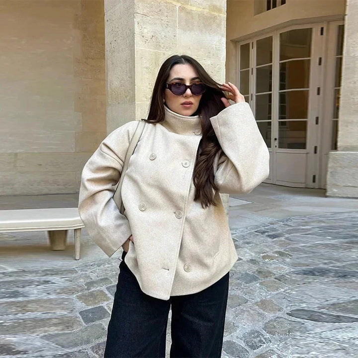Short Women's Coat with Buttons and a High Collar
