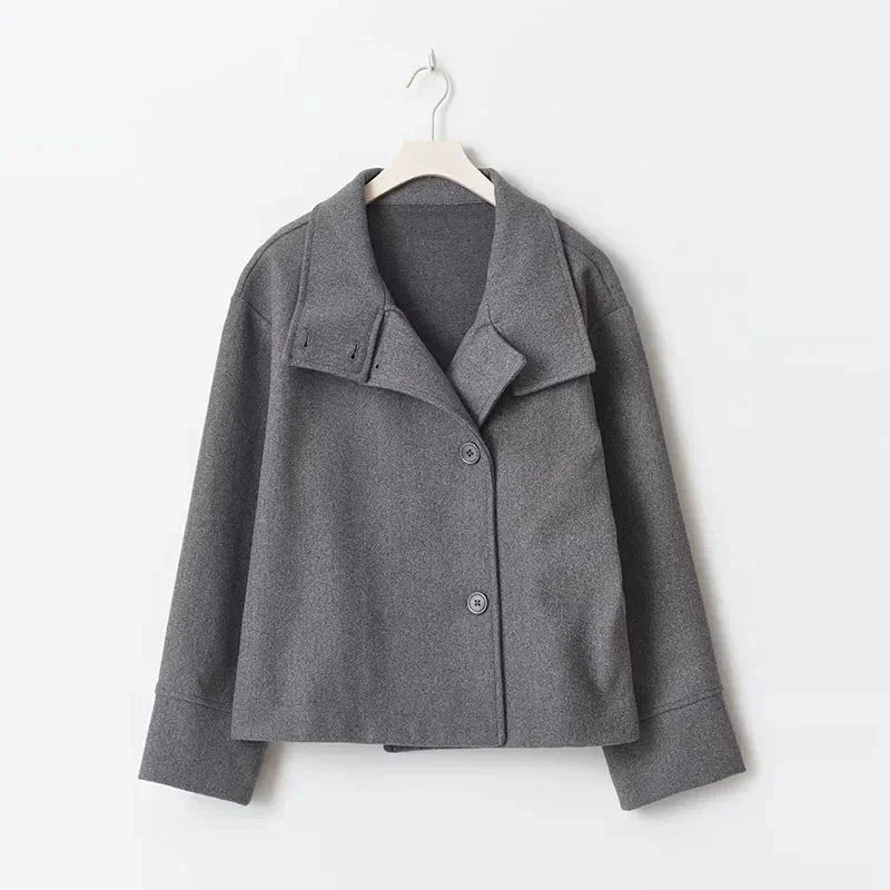Short Women's Coat with Buttons and a High Collar