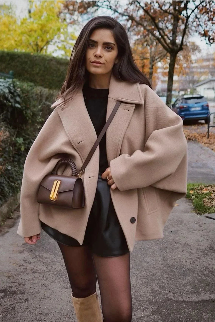 Women's Loose-Fit Coat with Large Lapels and Buttons