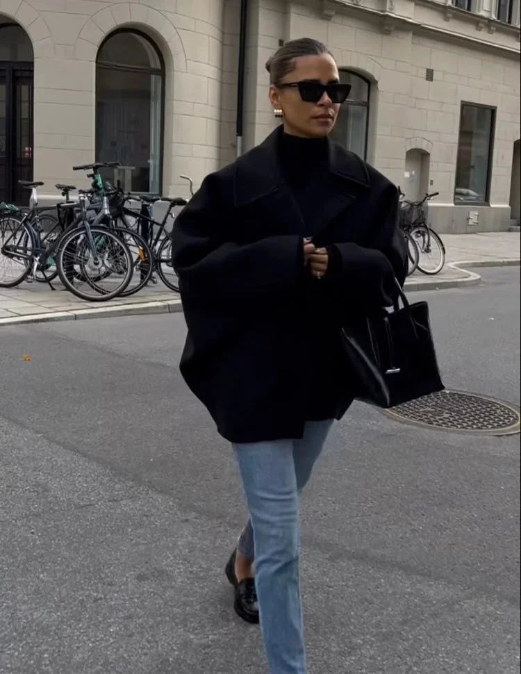 Women's Loose-Fit Coat with Large Lapels and Buttons