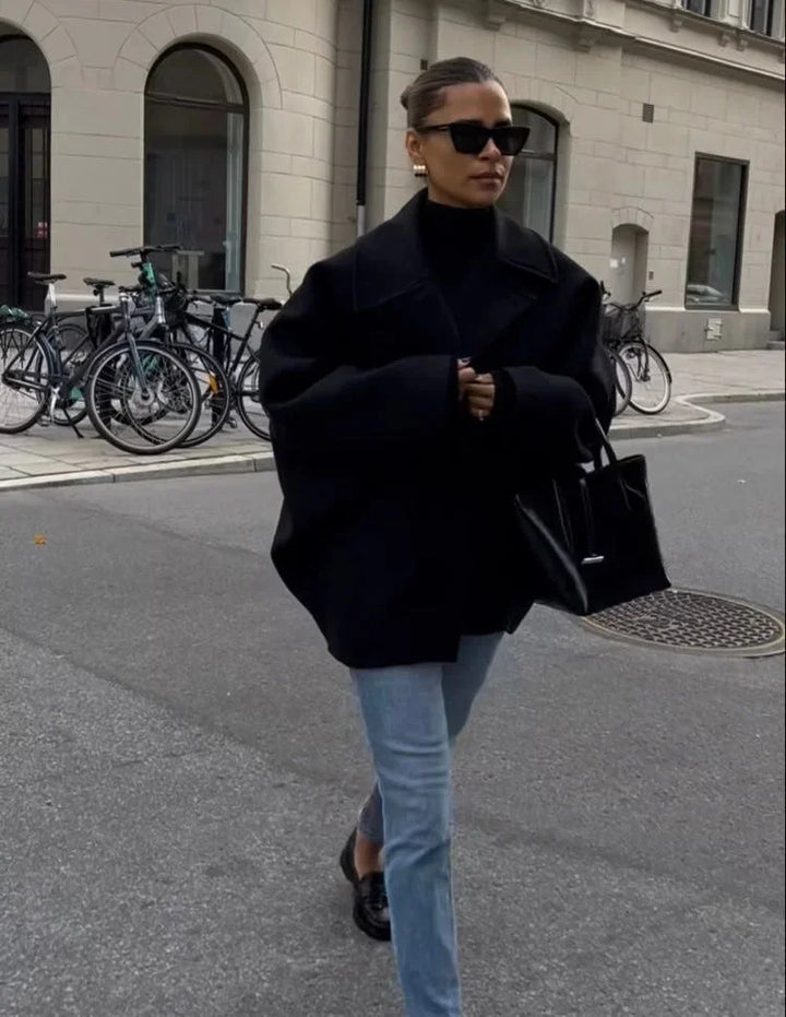 Women's Loose-Fit Coat with Large Lapels and Buttons