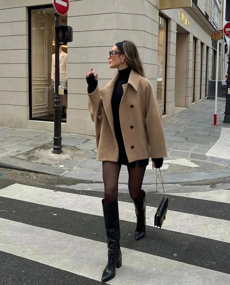 Women's Loose-Fit Coat with Large Lapels and Buttons
