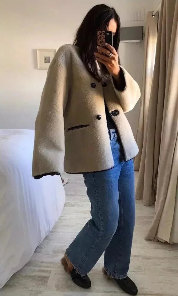 Beige Women's Coat with Modern Toggle Fastenings