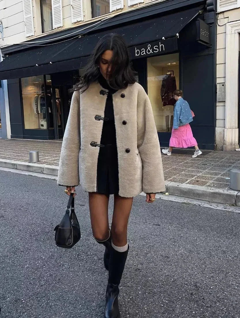 Beige Women's Coat with Modern Toggle Fastenings