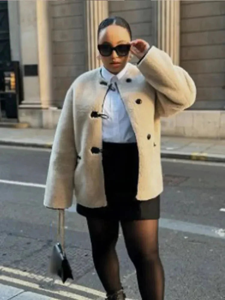 Beige Women's Coat with Modern Toggle Fastenings
