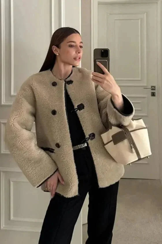 Beige Women's Coat with Modern Toggle Fastenings
