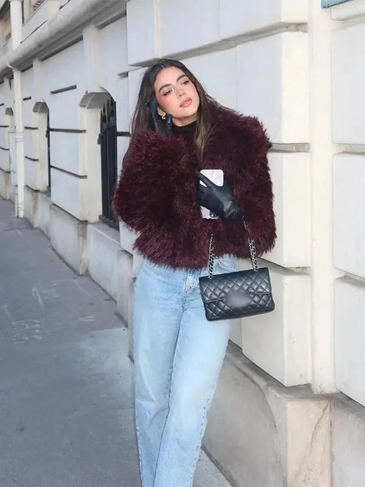 Burgundy Faux Fur Coat for Women with a Large Collar