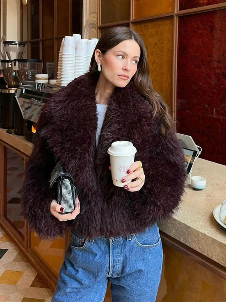 Burgundy Faux Fur Coat for Women with a Large Collar