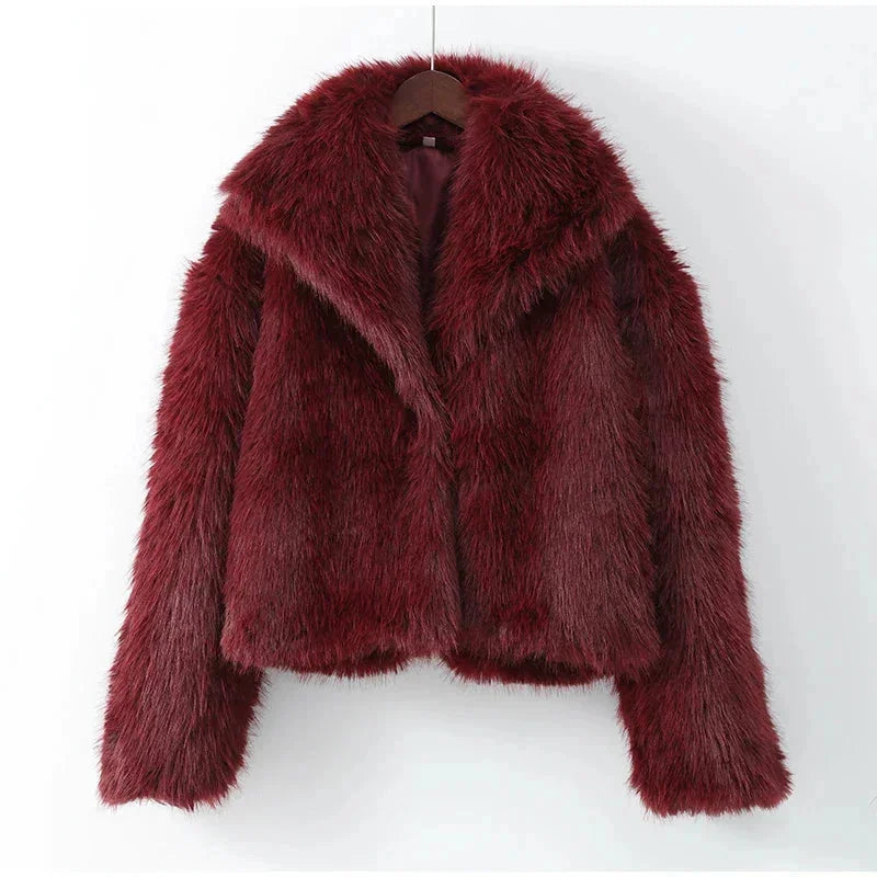 Burgundy Faux Fur Coat for Women with a Large Collar