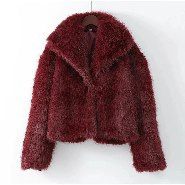 Burgundy Faux Fur Coat for Women with a Large Collar