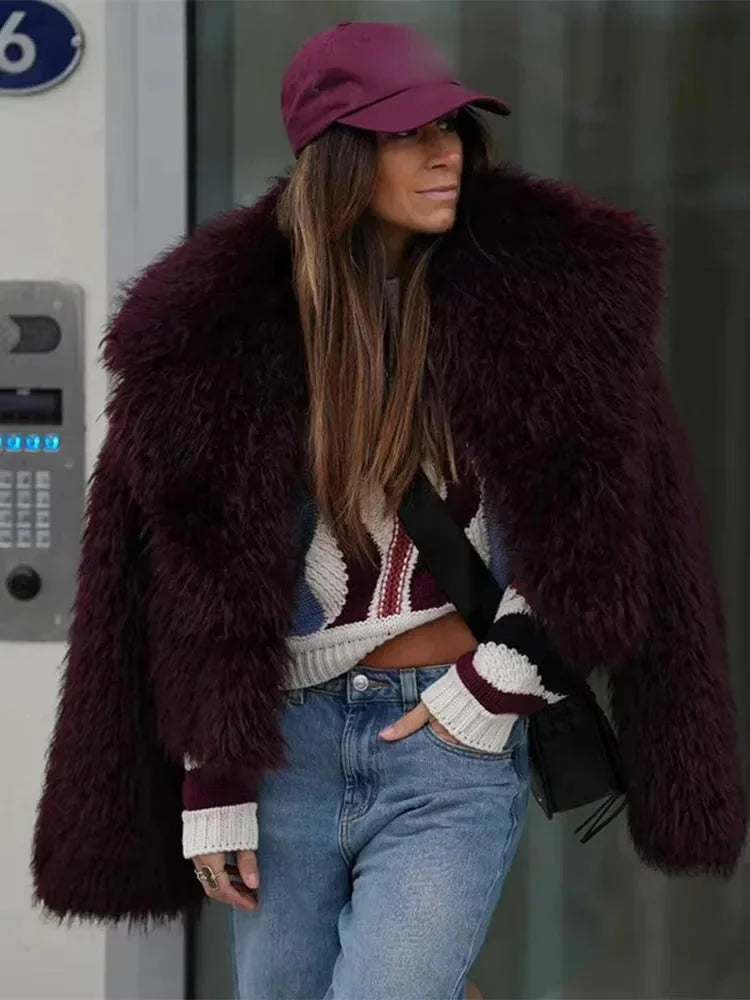 Burgundy Faux Fur Coat for Women with a Large Collar