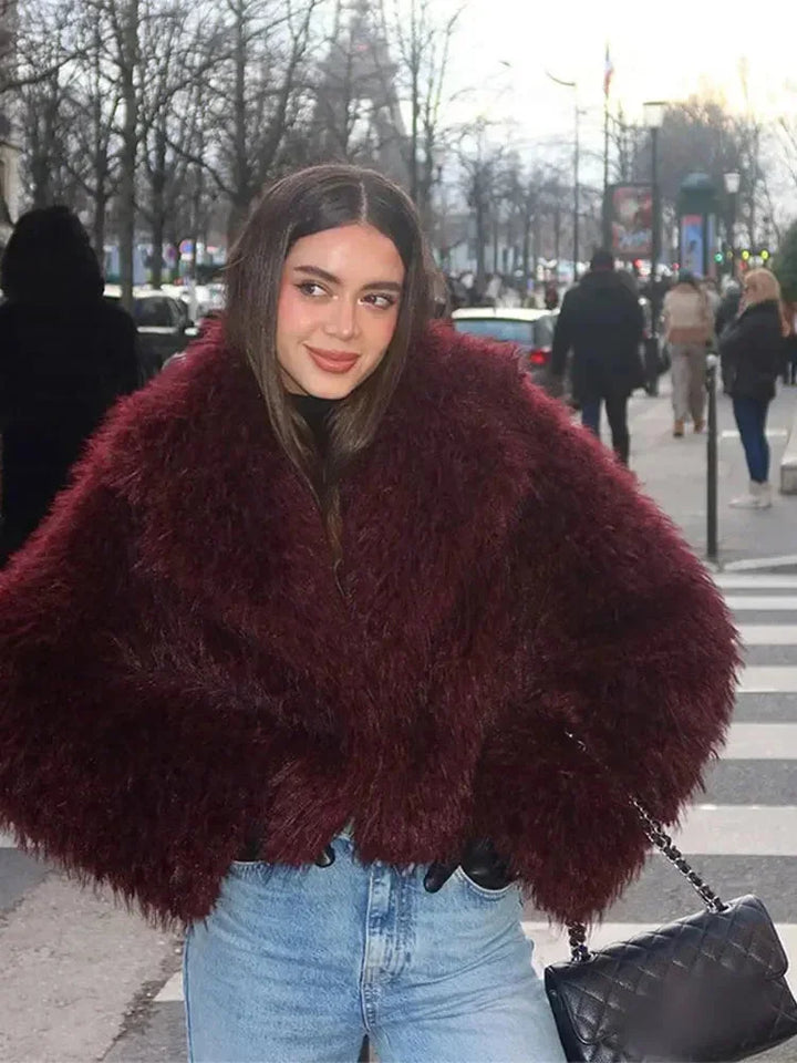 Burgundy Faux Fur Coat for Women with a Large Collar