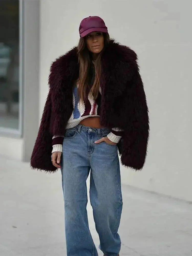 Burgundy Faux Fur Coat for Women with a Large Collar