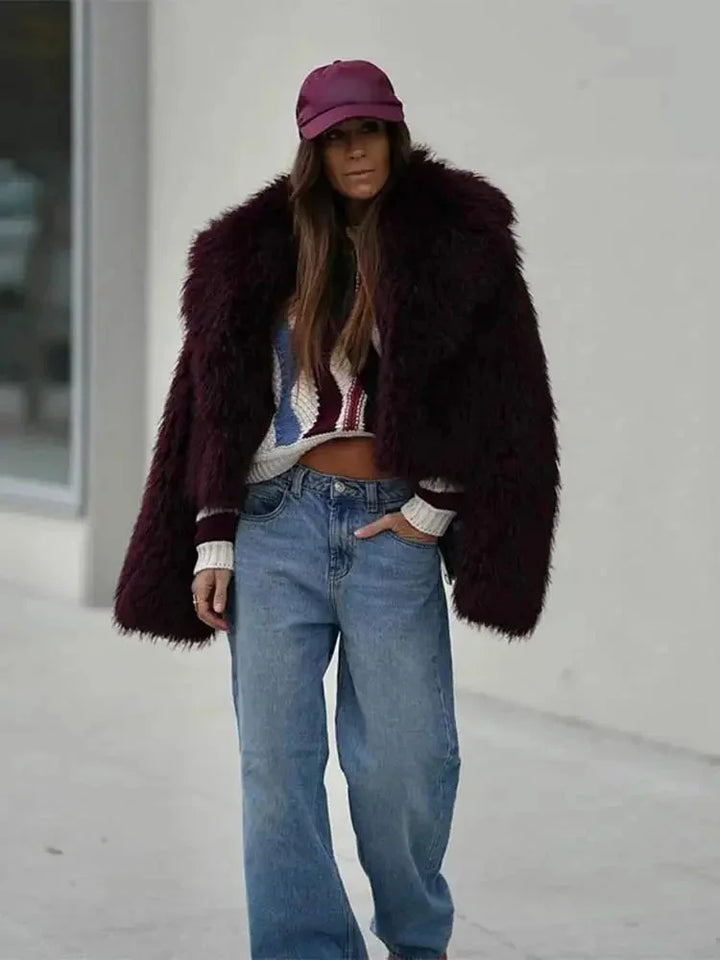 Burgundy Faux Fur Coat for Women with a Large Collar