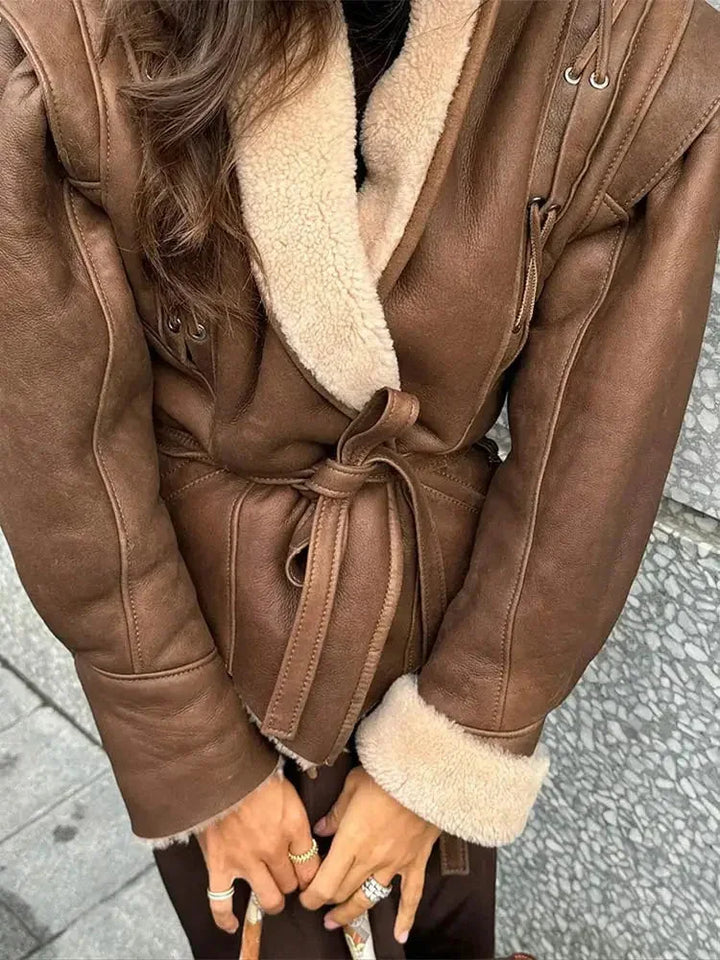 Brown belted women's Blazer with shearling collar