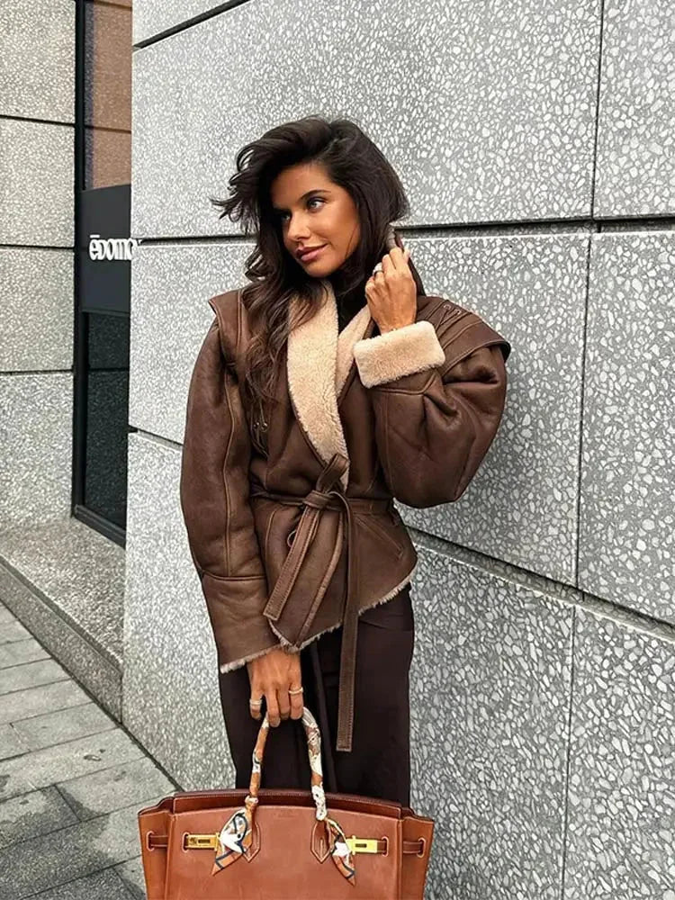Brown belted women's Blazer with shearling collar