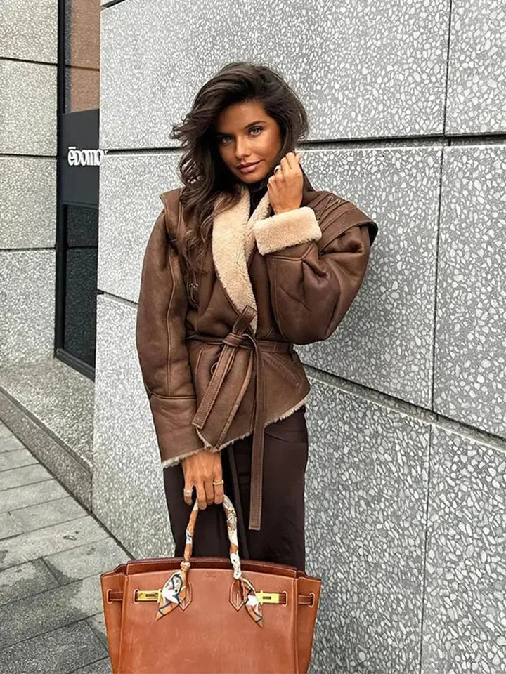 Brown belted women's Blazer with shearling collar