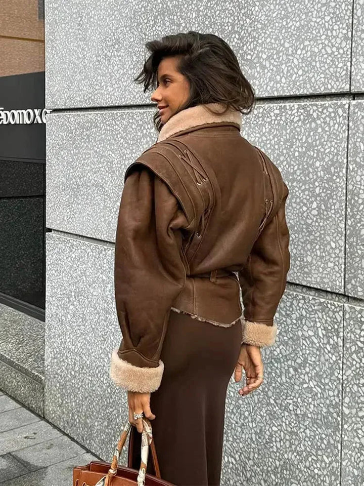 Brown belted women's Blazer with shearling collar