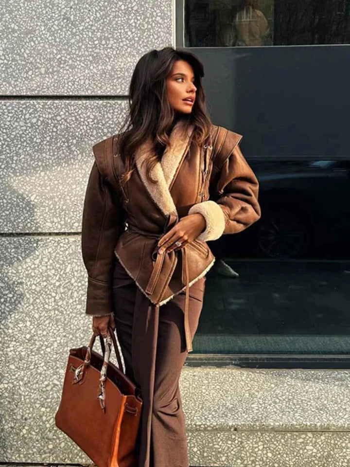 Brown belted women's Blazer with shearling collar