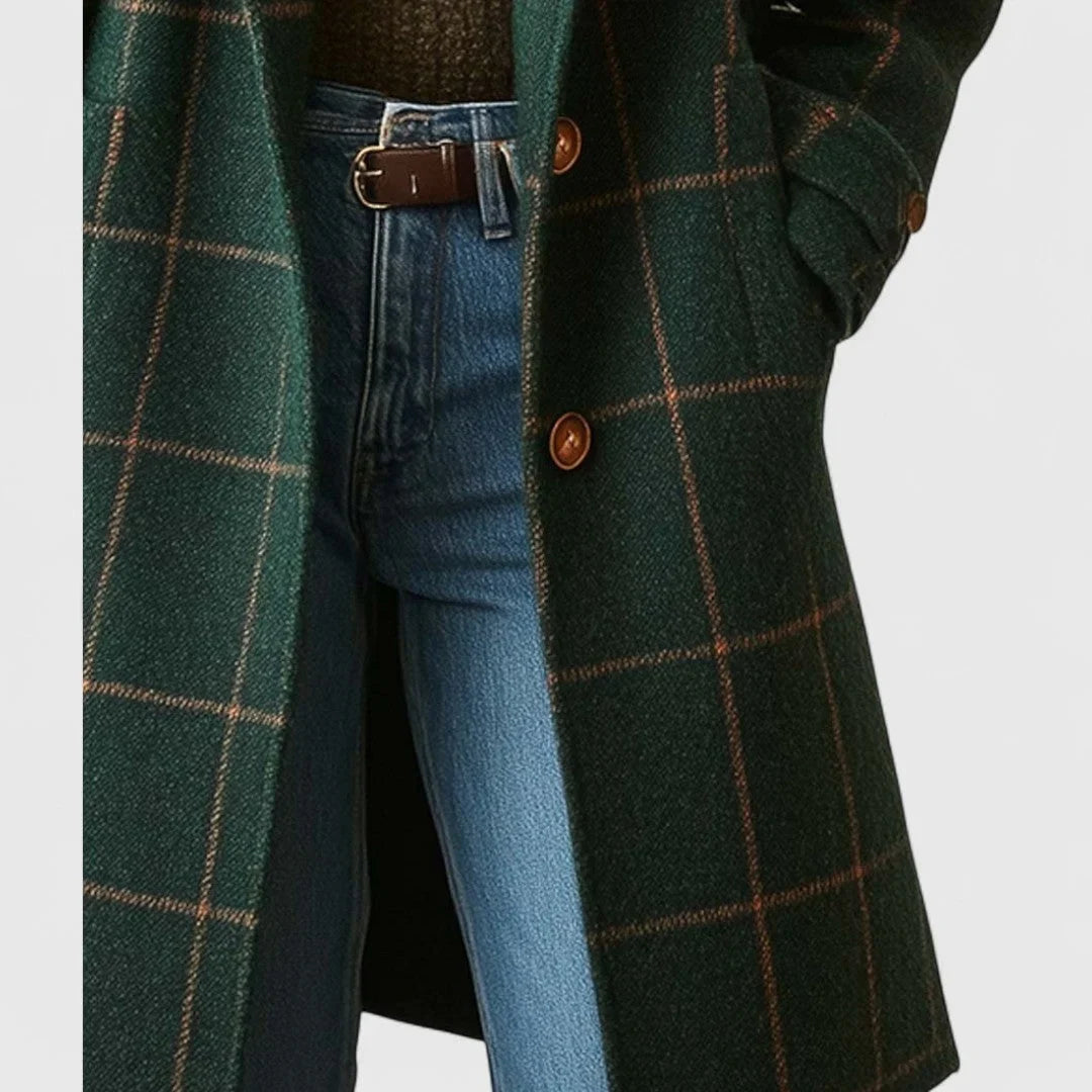 Women's green checkered coat with buttons