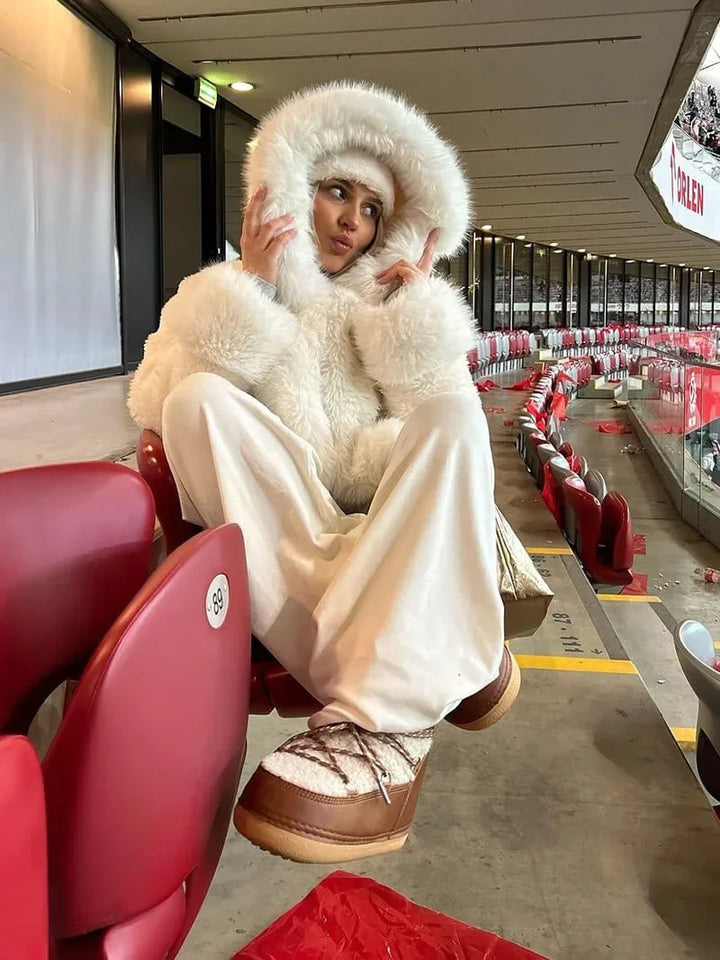 Casual Women's Coat with Faux-Fur Hood