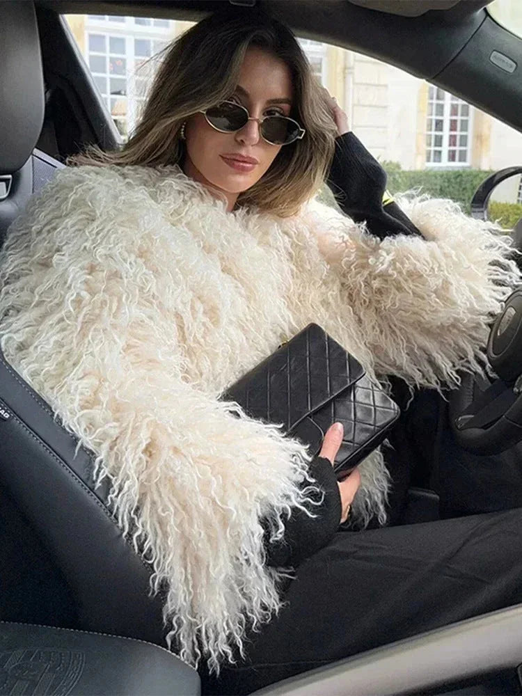 Women's beige faux fur coat with long sleeves