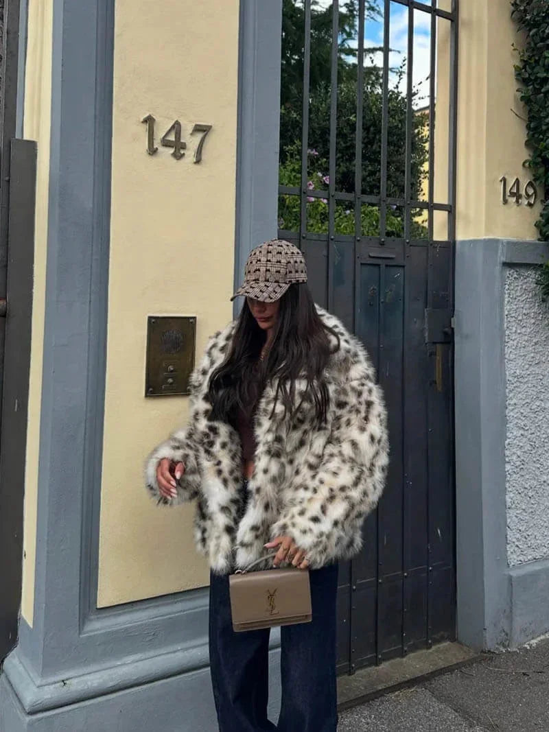 Leopard Print Faux Fur Coat for Women