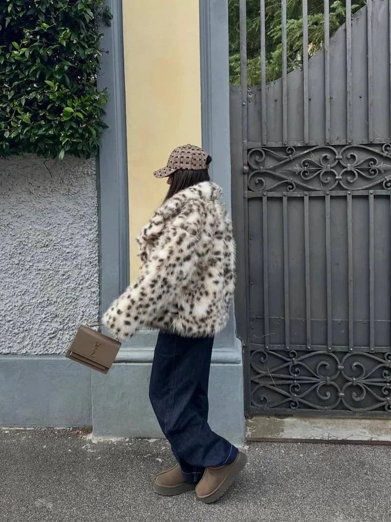 Leopard Print Faux Fur Coat for Women