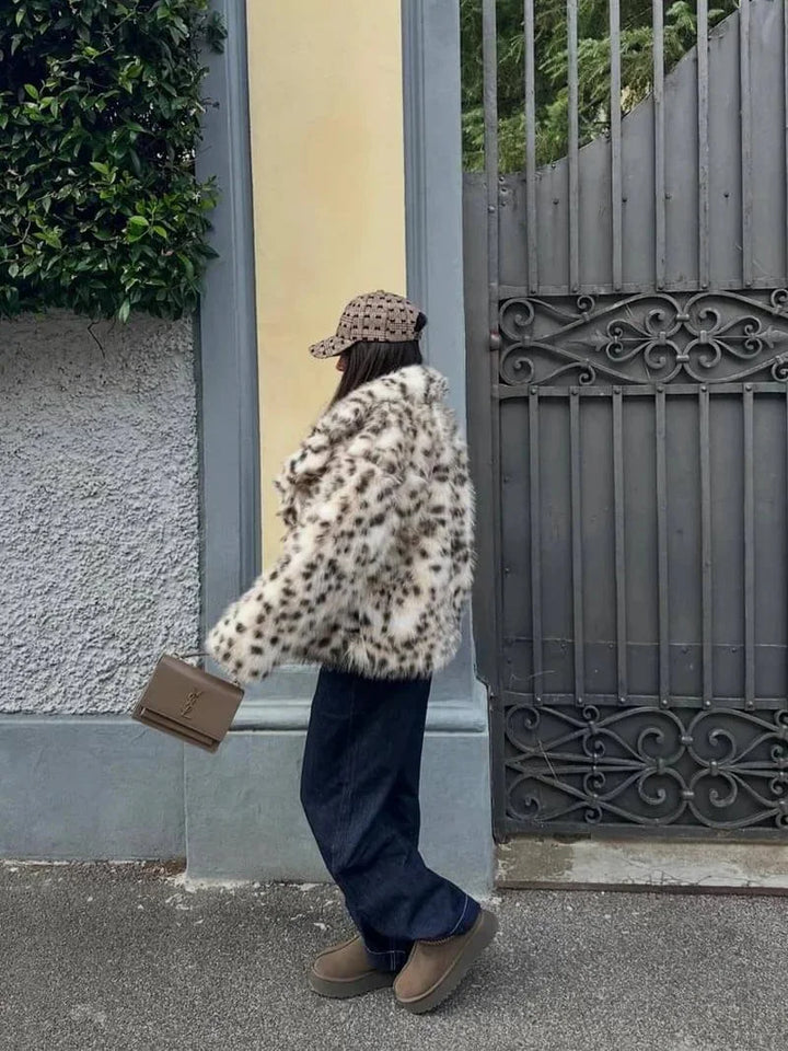 Leopard Print Faux Fur Coat for Women